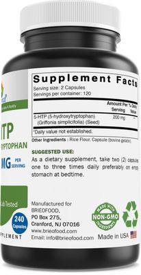 Brieofood 5-HTP 200mg per Serving - 240 Capsules - 5-Hydroxytryptophan for Healthy Relaxation - 3rd Party Lab Tested
