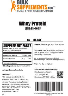 BulkSupplements.com Grass Fed Whey Protein Powder - Unflavored Whey Protein Powder, Grass Feed Whey Protein Concentrate - Gluten Free, 30g per Serving, 1kg (2.2 lbs) (Pack of 1)