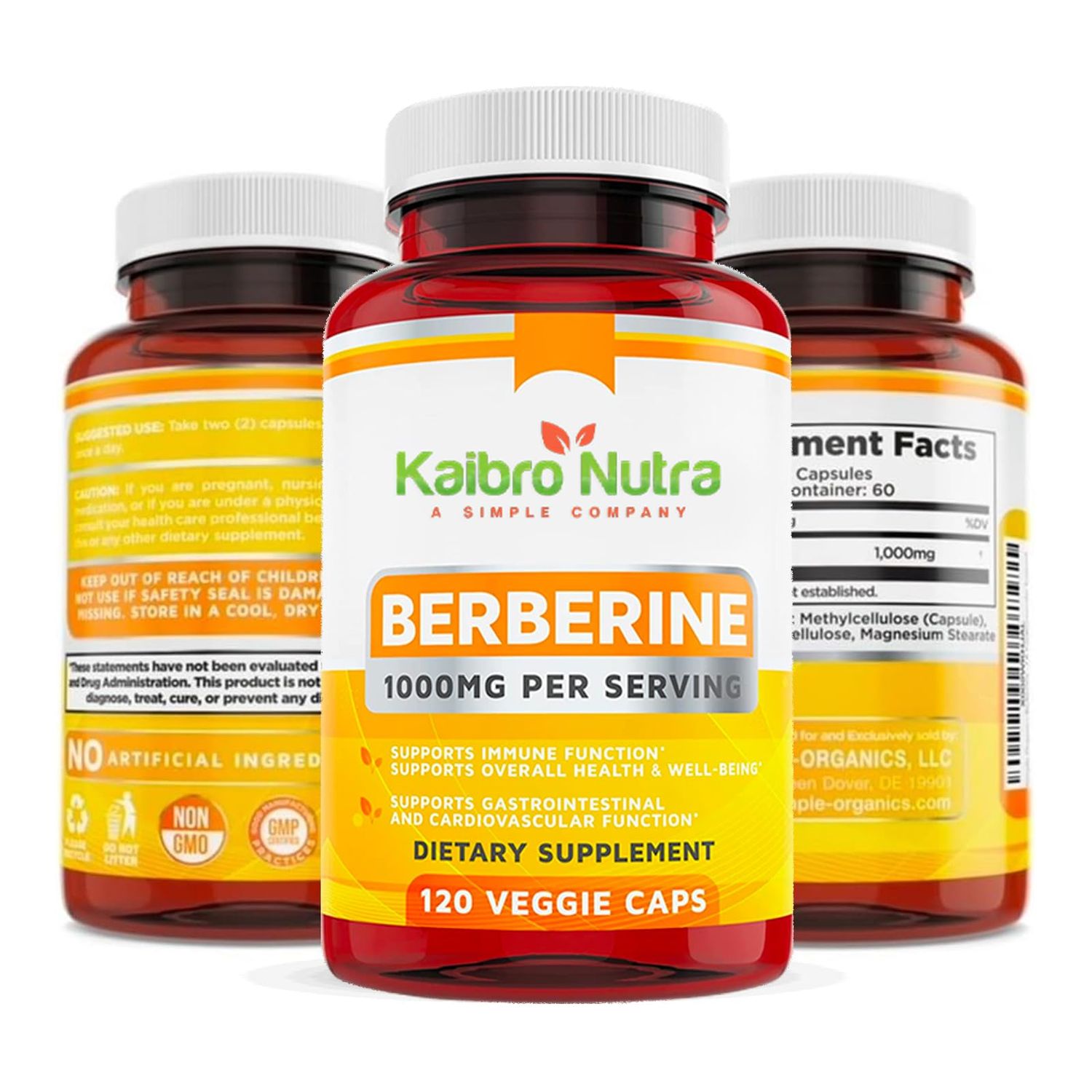 Simple-Organics Kaibro Nutra Berberine 500mg (1000mg Per Serving) for Supports Healthy Immune Function, Anti-oxidant,Gastrointestinal &amp; Overall Wellness - 120 Capsules