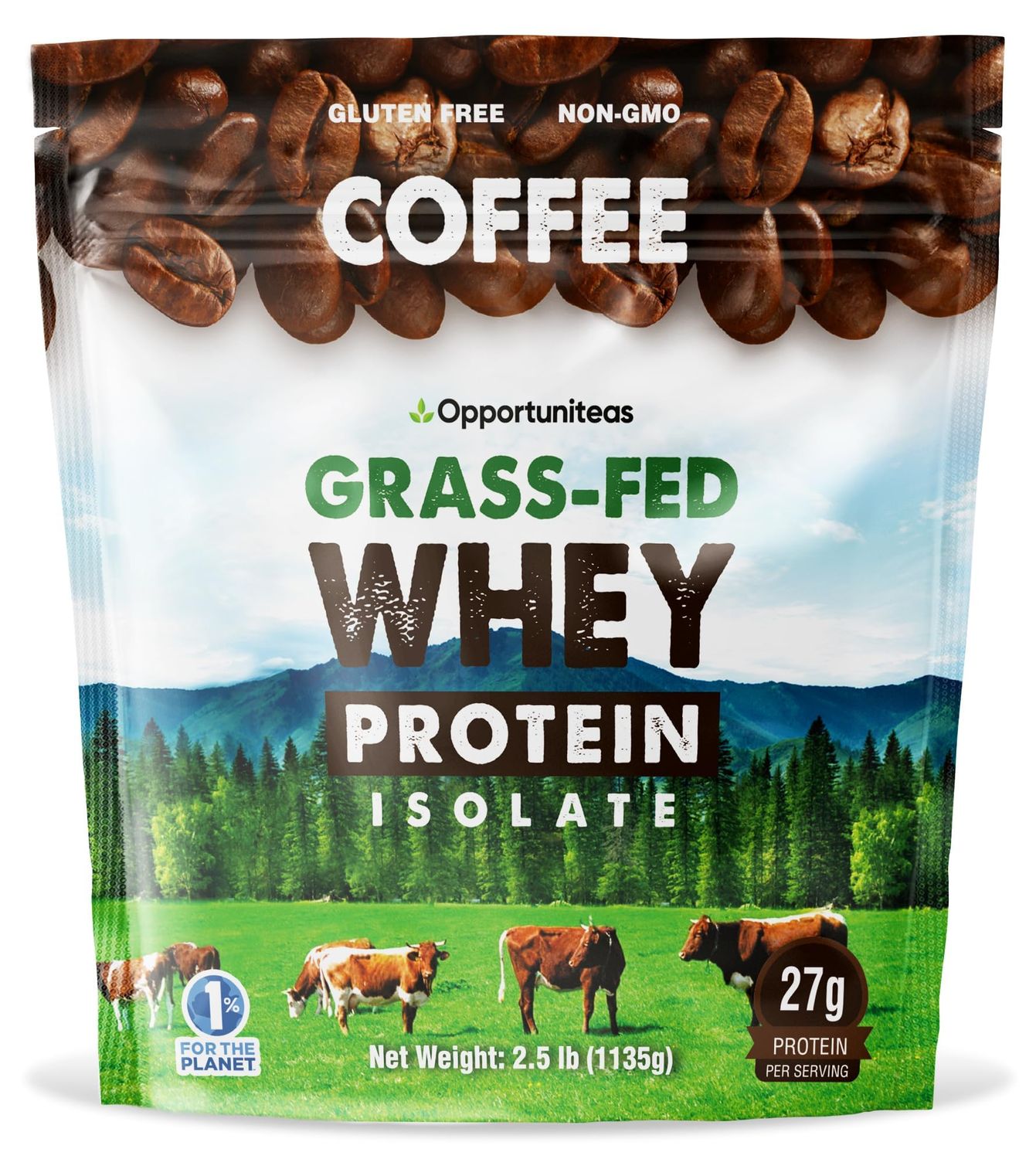 Opportuniteas Grass Fed Coffee Whey Protein Isolate Powder - 27g Protein Powder Without Artificial Sweeteners, Hormone-Free Cows, Non GMO - 2.5lb