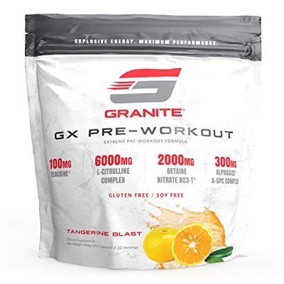 Granite GX Pre-Workout Supplement (Tangerine) Advanced Formula for Pump, Focus, Energy, Performance | Citrulline, Taurine, Lions Mane, Tyrosine, Teacrine, Betaine, Carnosyn, Creatine | Vegan, USA