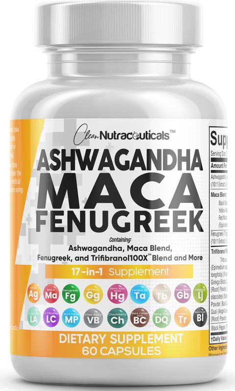 Clean Nutraceuticals Ashwagandha 5000mg Maca Root 2000mg Fenugreek 3000mg Supplement with Tongkat Ali Ginseng - Assists with Stress, Mood &amp; Thyroid - Ashwagandha Capsules Fenugreek Caps - 60 Count