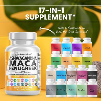 Clean Nutraceuticals Ashwagandha 5000mg Maca Root 2000mg Fenugreek 3000mg Supplement with Tongkat Ali Ginseng - Assists with Stress, Mood & Thyroid - Ashwagandha Capsules Fenugreek Caps - 60 Count