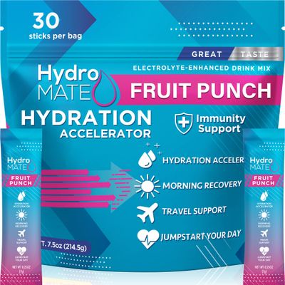 HydroMATE Electrolyte Powder Packets 2.5g Sugar - 30 Count Instant Fruit Punch Hydration Packets with Vitamin B12 to Boost Energy - Electrolytes Powder to Support Hydration Fast Party Workout Recovery