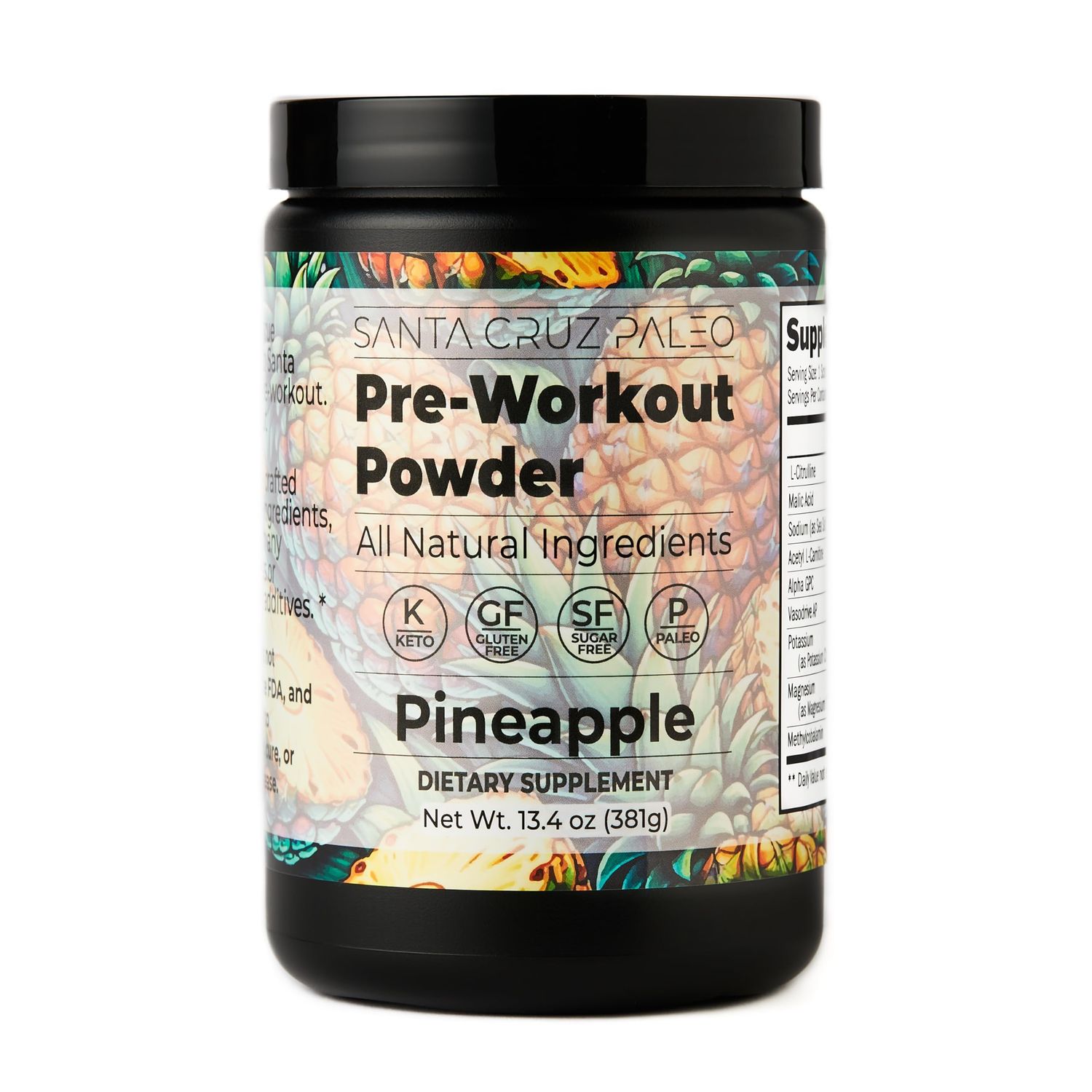 Santa Cruz Paleo Natural Pre Workout Powder, Pineapple, Keto Preworkout Electrolytes with Magnesium, Potassium, L-Citrulline, Caffeine Free, Sugar Free Drink Mix for Energy &amp; Hydration, 30 Servings