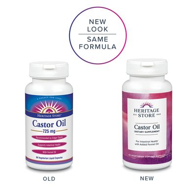 HERITAGE STORE Castor Oil Supplement 725 mg, Healthy Cleansing, Intestinal Balance & Digestion Support,* with Added Fennel Oil, 60 Servings, 60 Vegetarian Capsules