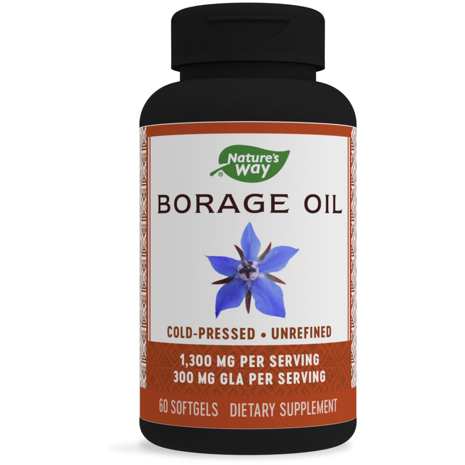 Nature&#39;s Way Borage Oil, Cold Pressed &amp; Unrefined, GLA Supplement, 1300mg Per Serving, 60 Softgels