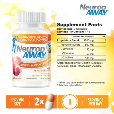 NeuropAWAY Kidney Support Formula Sugar Free with Agmatine Sulfate 500mg L-Novaline 50mg L-Ornithine 150mg L-Citrulline 100mg Per Capsule 90CT Fast Acting Kidney Support