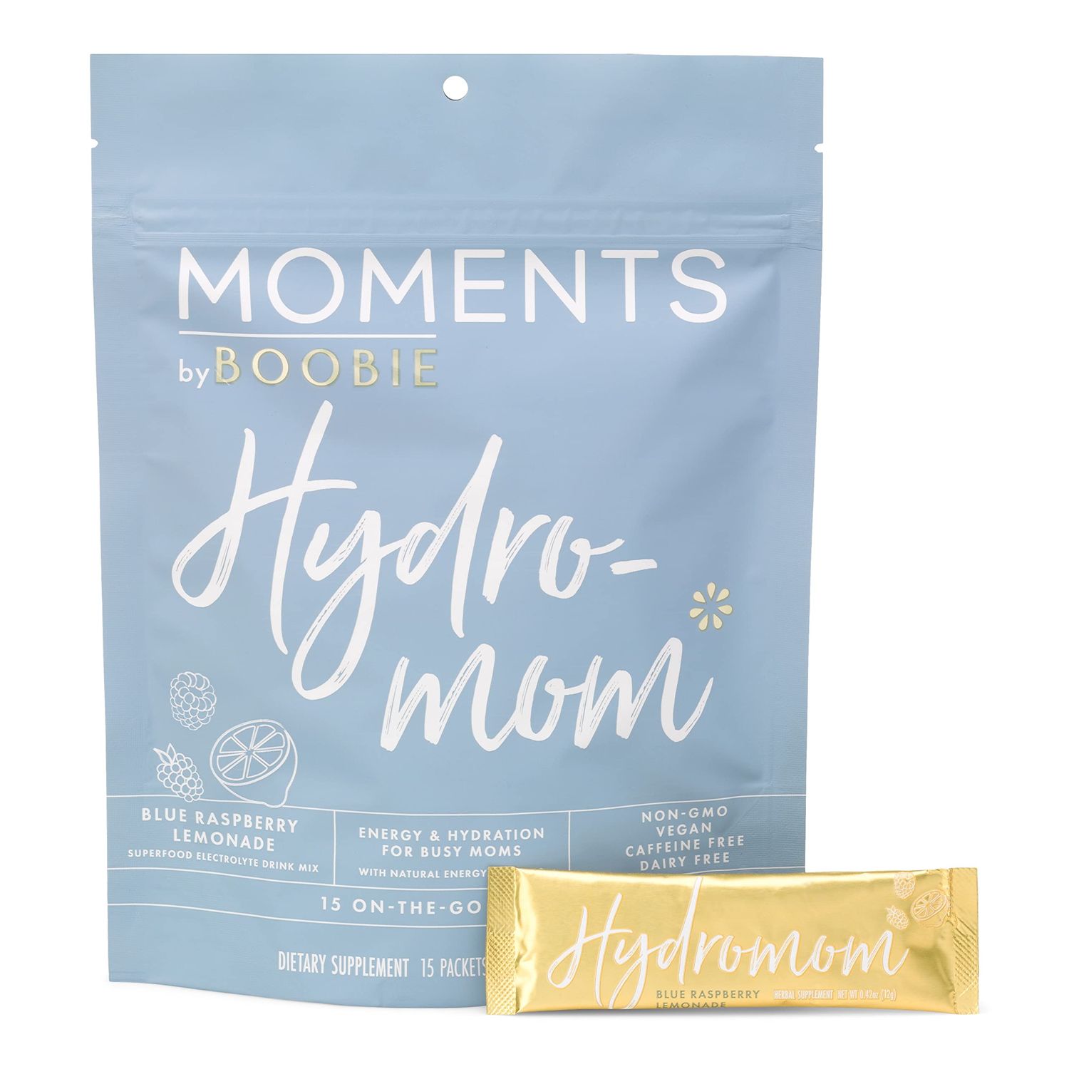 Boobie Hydromom Superfood Electrolyte Drink Mix, Blue Raspberry Lemonade | Refreshing Energy &amp; Hydration Boost for Mamas | On-The-Go &amp; Travel Essentials for Pregnancy, Lactation, &amp; Beyond, 15 Packets