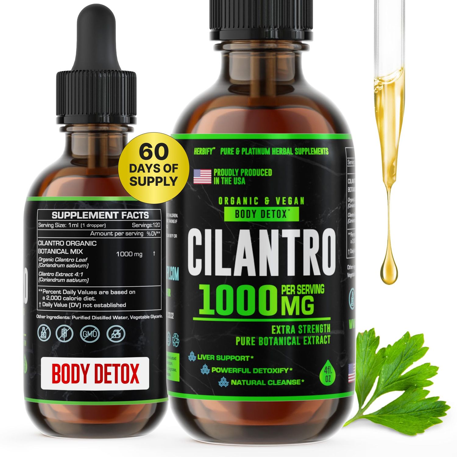 HERBIFY Organic Cilantro Tincture - Herbal Cilantro Supplement for Detox - Rich Source of Antioxidants - Supports Heart and Body Cleanse - Made in USA - Cilantro Extract Organic 4 Fl Oz