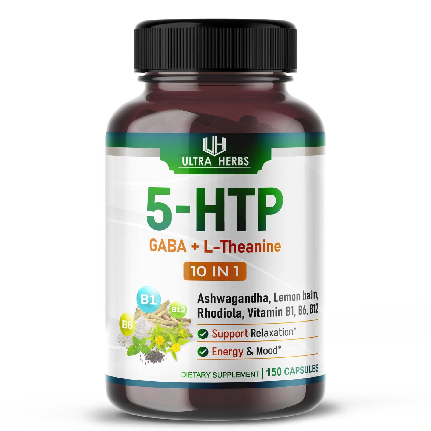 5-HTP Supplement Enriched with Ashwagandha, L-Theanine, GABA, Rhodiola | 10 in 1 Ultra Mood Support Complex for Calmness, Relaxation &amp; Sleeps Quality | 150 Capsules