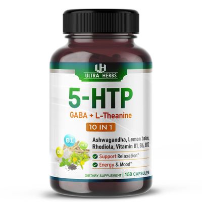 5-HTP Supplement Enriched with Ashwagandha, L-Theanine, GABA, Rhodiola | 10 in 1 Ultra Mood Support Complex for Calmness, Relaxation &amp; Sleeps Quality | 150 Capsules