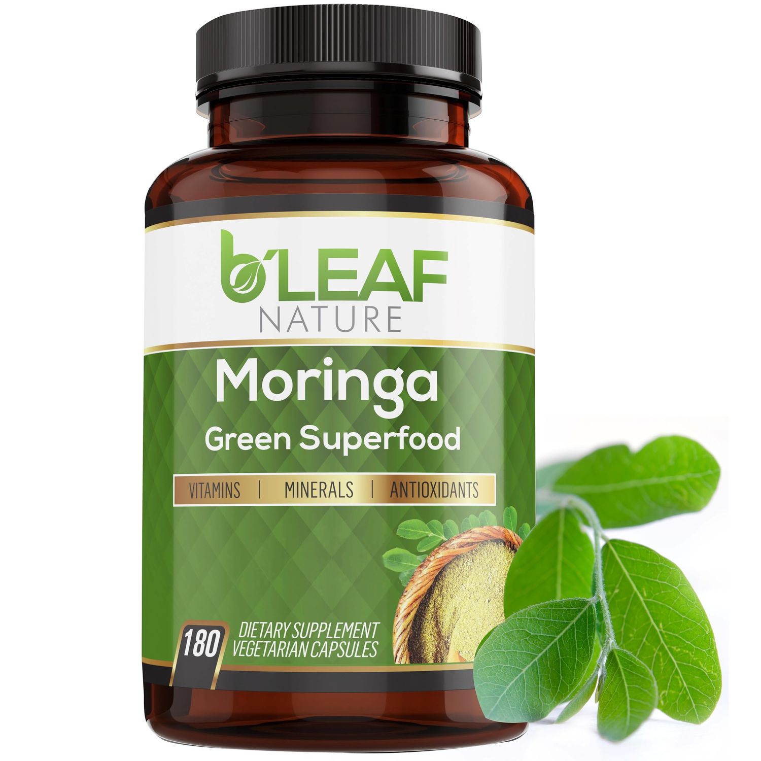 BLeaf Nature Pure Organic Moringa Oleifera Leaf Powder Capsules 1000mg - Immune System &amp; Energy Booster - Vegetarian Supplement for Healthy Living - 180 Capsules