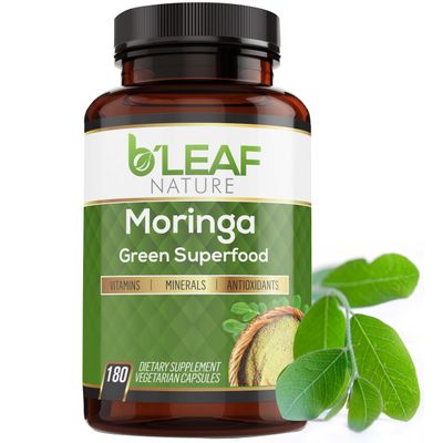 BLeaf Nature Pure Organic Moringa Oleifera Leaf Powder Capsules 1000mg - Immune System &amp; Energy Booster - Vegetarian Supplement for Healthy Living - 180 Capsules