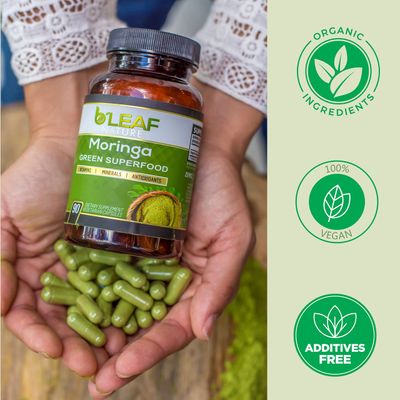 BLeaf Nature Pure Organic Moringa Oleifera Leaf Powder Capsules 1000mg - Immune System & Energy Booster - Vegetarian Supplement for Healthy Living - 180 Capsules