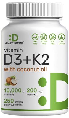 DEAL SUPPLEMENT Vitamin D3 10,000 IU + K2 MK7 200 mcg, Infused with Virgin Coconut Oil, 250 Softgels, Double Strength Vitamin D &amp; K, Promotes Heart, Bone &amp; Teeth Health - Very Easy to Swallow