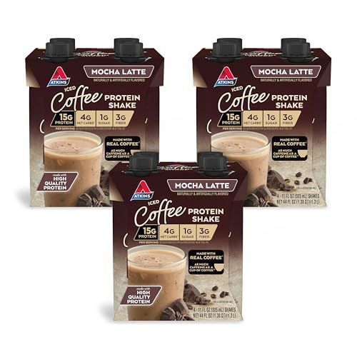 Atkins Mocha Latte Iced Coffee Protein Shake, 15g Protein, Low Glycemic, 4g Net Carb, 1g Sugar, Keto Friendly.