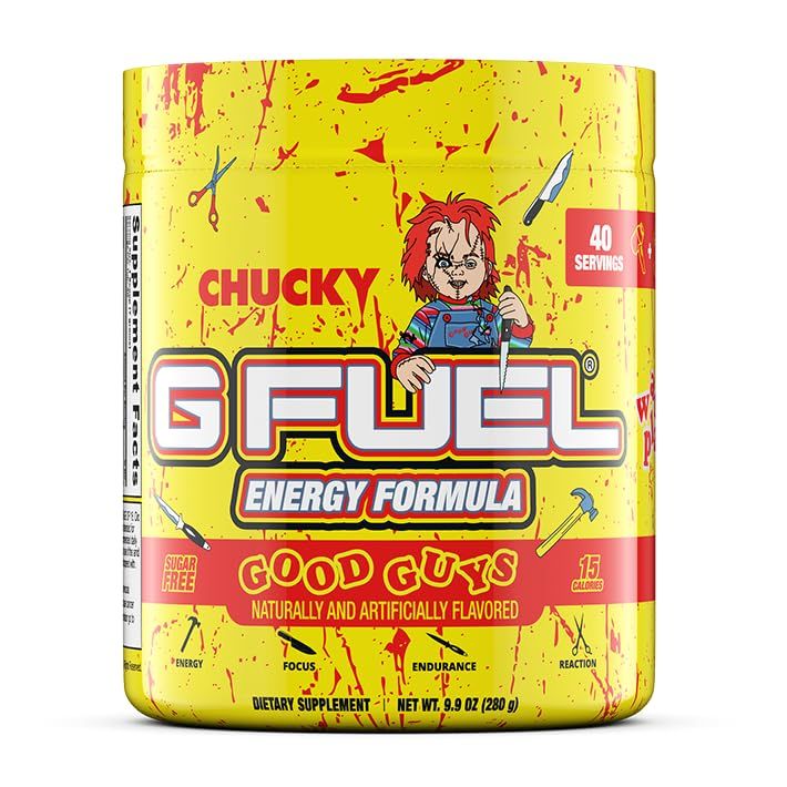 G Fuel Chucky Good Guys Energy Drink Powder, Pre Workout Caffeine Powder, Energy Powder Drink Mix for Gaming, Sugar Free Focus Amino, Vitamin + Antioxidants, 9.9oz (Tropical Blood Orange, 40 Servings)