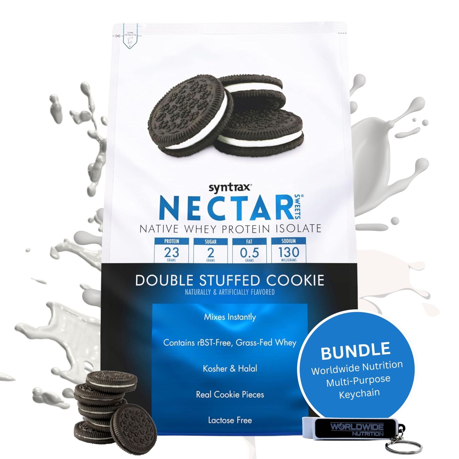 Syntrax Bundle: Nectar Sweets Whey Isolate Protein Powder - Double Stuffed Cookie Flavor - Gluten Free and Lactose-Free - 2 Pounds Nectar Protein Powder Blend and Worldwide Nutrition Keychain