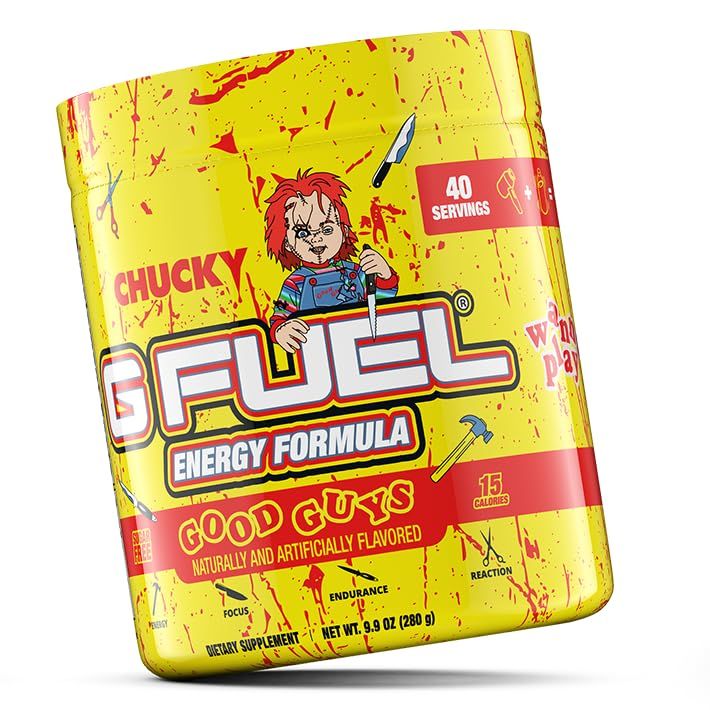 G Fuel Chucky Good Guys Energy Drink Powder, Pre Workout Caffeine Powder, Energy Powder Drink Mix for Gaming, Sugar Free Focus Amino, Vitamin + Antioxidants, 9.9oz (Tropical Blood Orange, 40 Servings)