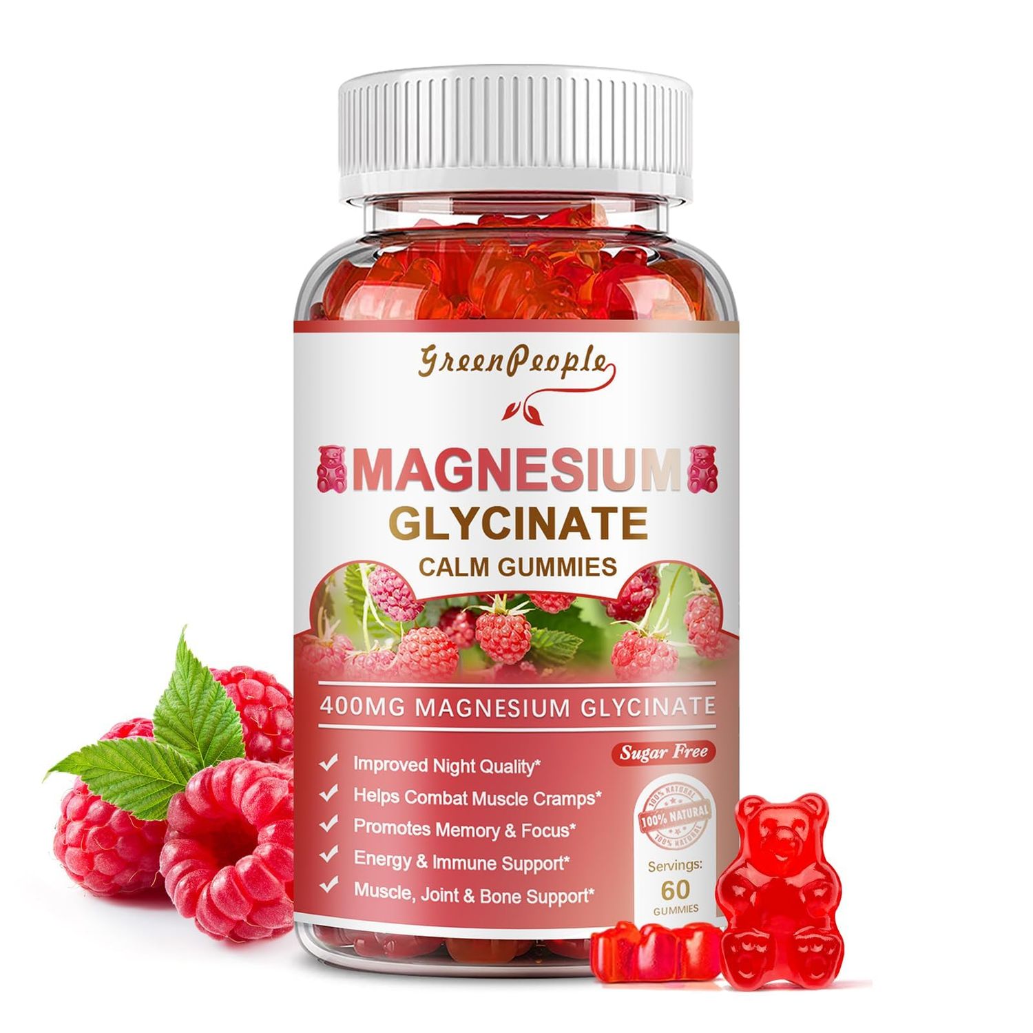 GREENPEOPLE Magnesium Glycinate Gummies 400mg - Sugar Free Magnesium Potassium Supplement with Magnesium Malate, Vitamin D, B6, and CoQ10 for Calm Support &amp; Sleep for Adults - Raspberry Gummies