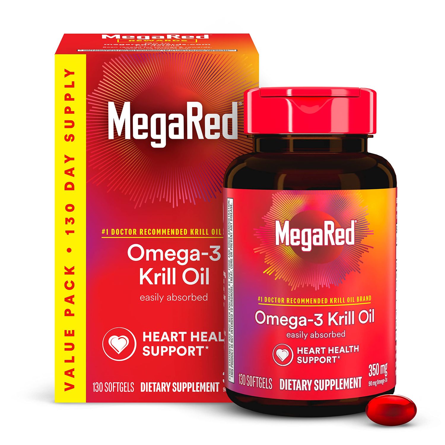 MegaRed - Omega-3 Krill Oil 350mg Softgels (130 Count in A Bottle), EPA &amp; DHA Omega-3 Fatty Acids with No Fishy Aftertaste Unlike Fish Oil, Contains Antioxidant Astaxanthin