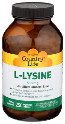 Country Life L-Lysine 500mg with B-6, Supports Immune Health, Promotes Collagen Renewal in Lips and Mouth, 250 Vegan Capsules, Certified Gluten Free, Certified Vegan