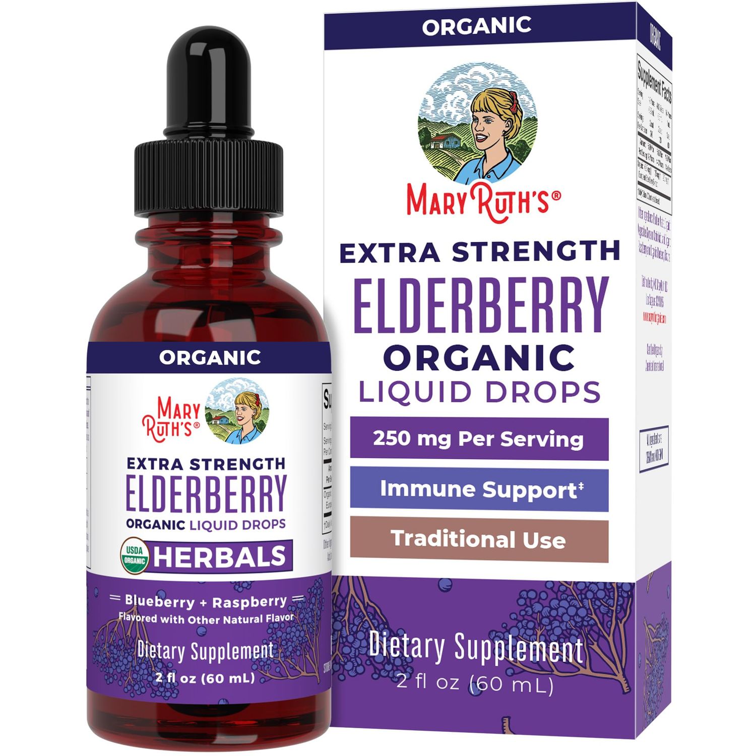 MaryRuth Organics Elderberry Syrup Extra Strength, USDA Organic Elderberry, Sugar Free Adults &amp; Kids Immune Support Supplement for Ages 1+, Clean Label Project Verified, Vegan, Gluten Free, 2 Fl Oz