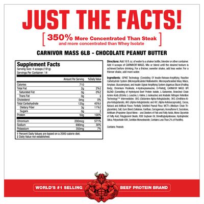 MuscleMeds CARNIVOR Mass Gainer Beef Protein Isolate Shake, 50 Grams Protein, 125 Grams Carbs, 0 Fat, 0 Sugar, Lactose Free, Halal Certified, Chocolate Peanut Butter, 6 Pound