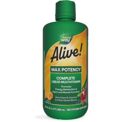Nature&#39;s Way Alive! Max Potency Complete Liquid Multivitamin for Women and Men, Antioxidants Beta Carotene, Vitamins C &amp; E, and Food-Based Blends, Citrus Flavored, 30.4 Fl Oz (Packaging May Vary)