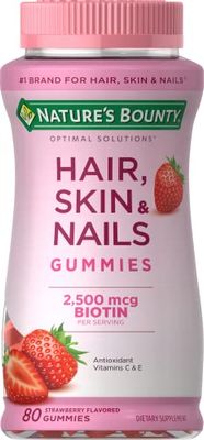 Nature&#39;s Bounty Optimal Solutions Hair, Skin &amp; Nails Vitamin Gummies with Biotin, 2500 mcg, Strawberry, 80 Count