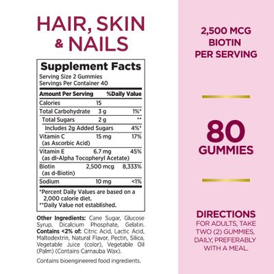 Nature's Bounty Optimal Solutions Hair, Skin &amp; Nails Vitamin Gummies with Biotin, 2500 mcg, Strawberry, 80 Count