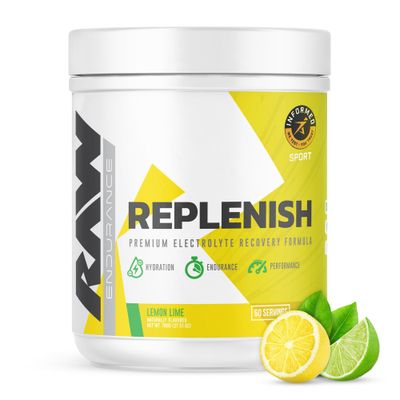 RAW Replenish, Premium Electrolytes Powder Recovery Formula - Flavored Electrolyte Drink Mix Supplement for Hydration, Replenishment, Endurance &amp; Performance (60 Serving, Lemon Lime)