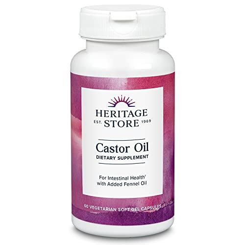 HERITAGE STORE Castor Oil Supplement 725 mg, Healthy Cleansing, Intestinal Balance &amp; Digestion Support,* with Added Fennel Oil, 60 Servings, 60 Vegetarian Capsules