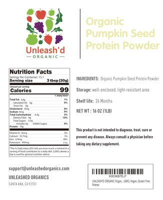 UNLEASH'D ORGANIC Organic Pumpkin Seed Protein Powder 16 oz Enhances Immune System Function Organic Plant-Based Protein Powder No Artificial Sweeteners Non-GMO Vegan