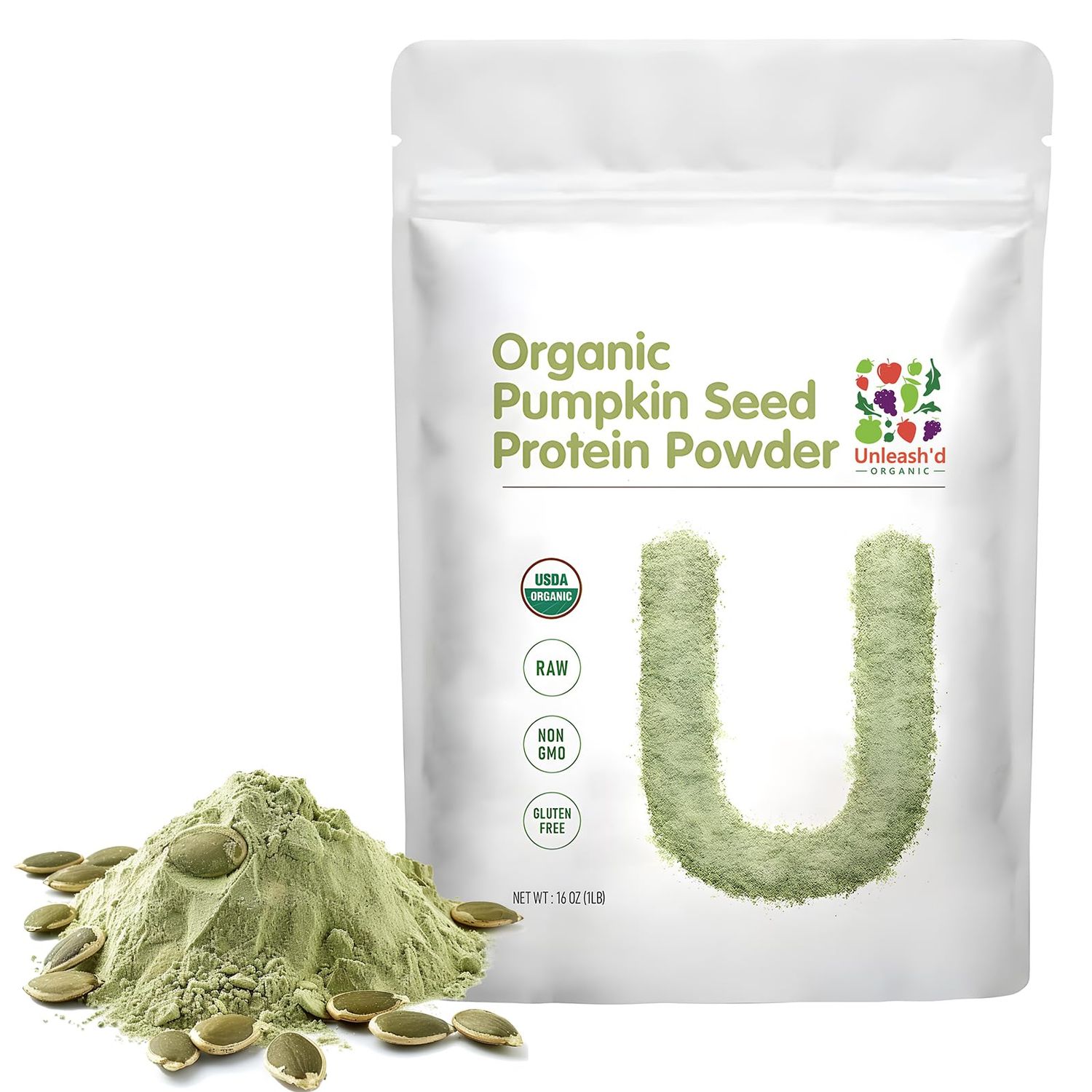 UNLEASH&#39;D ORGANIC Organic Pumpkin Seed Protein Powder 16 oz Enhances Immune System Function Organic Plant-Based Protein Powder No Artificial Sweeteners Non-GMO Vegan