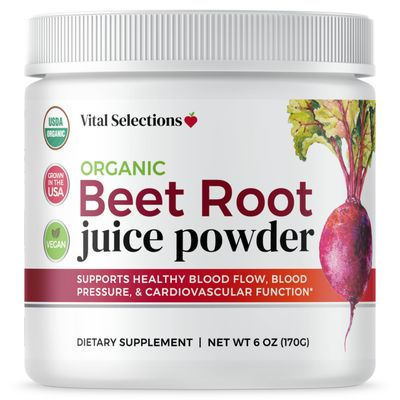 Vital Selections 100% Organic Beet Root Juice Powder, Highest Purity and Potency, USA Grown, Superior Beet Drying Technology, Maximum Nitric Oxide Boost for Cardio Support and Athletic Performance