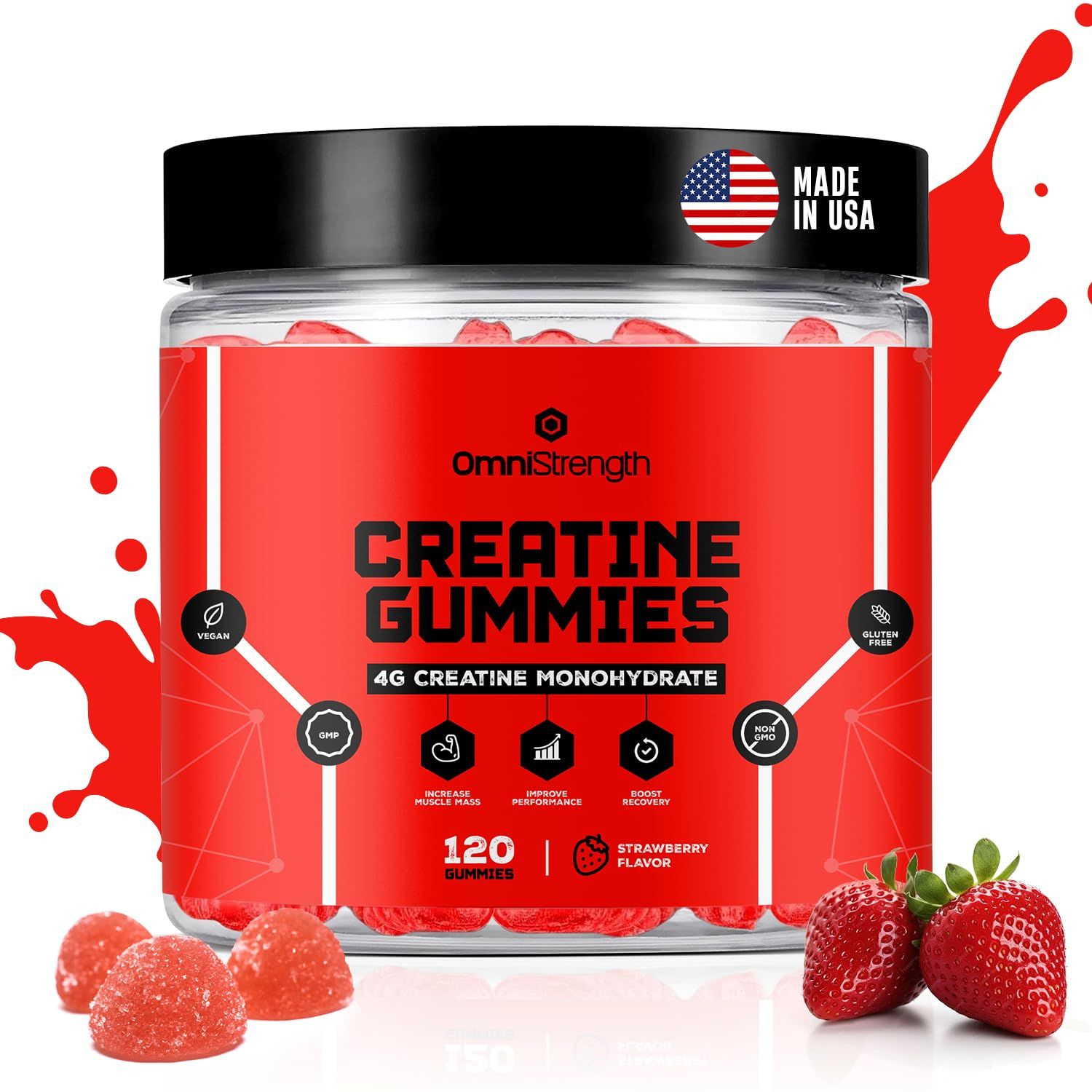 Creatine Monohydrate Gummies - 4g Creatine Monohydrate per Serving - Vegan Gummies for Muscle Growth, Increased Strength, Recovery - 120 Count, Strawberry Flavor