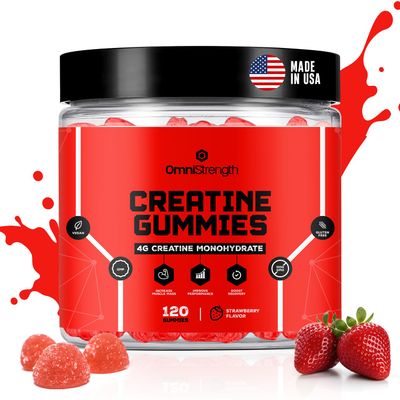 Creatine Monohydrate Gummies - 4g Creatine Monohydrate per Serving - Vegan Gummies for Muscle Growth, Increased Strength, Recovery - 120 Count, Strawberry Flavor