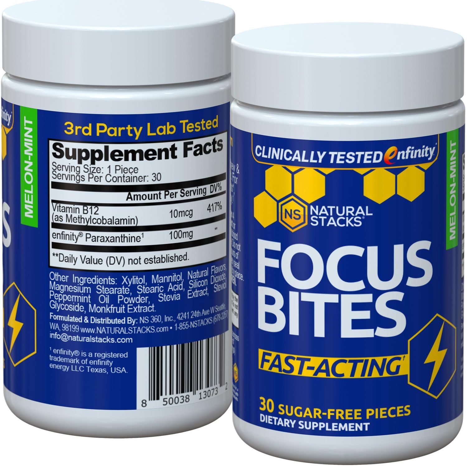 NATURAL STACKS Focus Bites for Productivity &amp; Cognition - Clinically Tested Paraxanthine Supplement - Fast Acting &amp; Clean Stimulation - Caffeine-Free Supplement for Learning - 30 Melon Mint Chewables