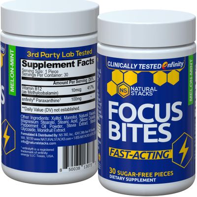 NATURAL STACKS Focus Bites for Productivity &amp; Cognition - Clinically Tested Paraxanthine Supplement - Fast Acting &amp; Clean Stimulation - Caffeine-Free Supplement for Learning - 30 Melon Mint Chewables