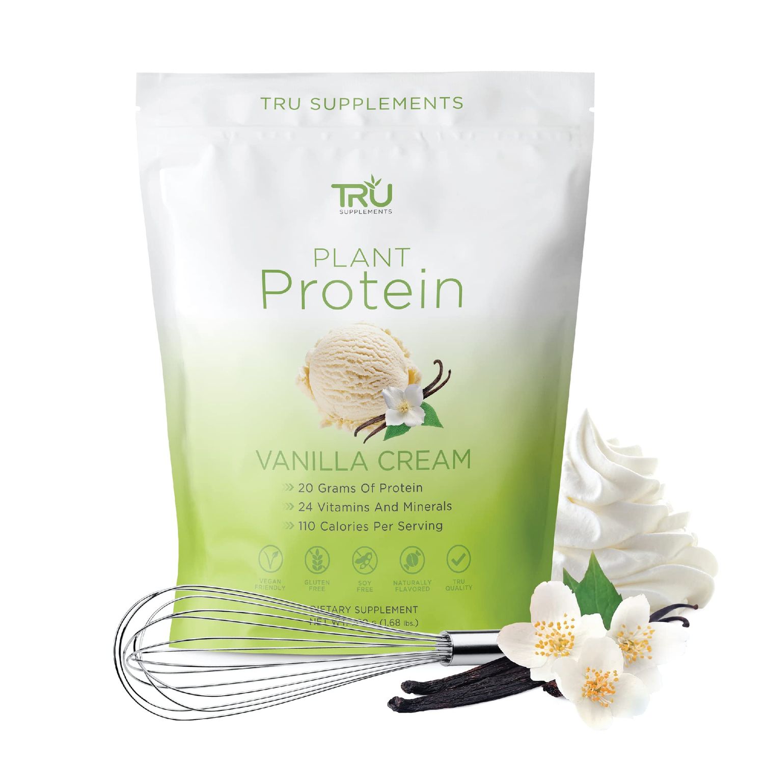 TRU Plant Based Protein Powder, BCAA, EAA, 20g Vegan Protein, 100 Calories, 27 Vitamins, No Artificial Flavors 25 Servings (Vanilla)