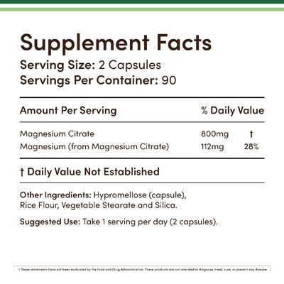 Magnesium Citrate 800mg, 180 Capsules, Digestion &amp; Constipation Support, Vegan Safe, Non-GMO, Double Wood Supplements