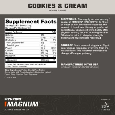 MTN OPS Magnum Cookies &amp; Cream Protein Powder | 23g of Whey Isolate Protein &amp; Milk Protein with BCAAs | Zero Sugar &amp; Gluten Free | Cookies &amp; Cream, 30 Servings