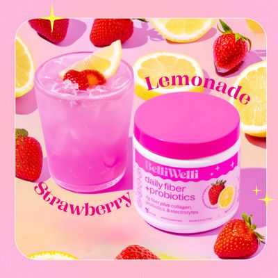 Belli Welli Daily Fiber Supplement Powder with Collagen, Probiotics &amp; Electrolytes | Supports Digestive Health, Gut Balance &amp; Debloating | Strawberry Lemonade | 16 Servings