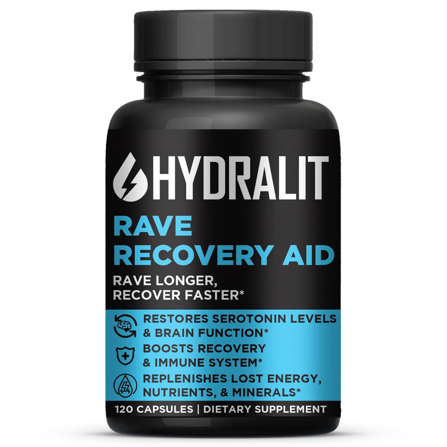 Hydralit Rave Recovery Aid Vitamins After Party Relief Pills Music Festival Accessories Rave Essentials 5-HTP Supplement Electrolytes Hydration Better Mornings Serotonin Energy Hangover 120 Capsules