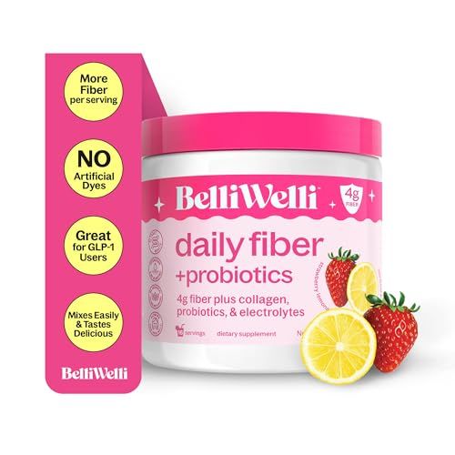 Belli Welli Daily Fiber Supplement Powder with Collagen, Probiotics &amp; Electrolytes | Supports Digestive Health, Gut Balance &amp; Debloating | Strawberry Lemonade | 16 Servings