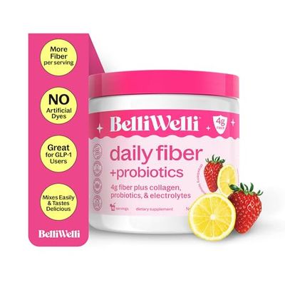 Belli Welli Daily Fiber Supplement Powder with Collagen, Probiotics &amp; Electrolytes | Supports Digestive Health, Gut Balance &amp; Debloating | Strawberry Lemonade | 16 Servings