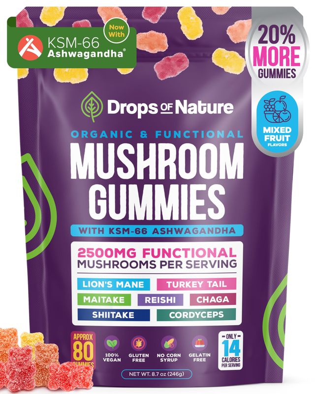 Ashwagandha and Lions Mane Mushroom Supplement Gummies - Organic - Reishi, Cordyceps, Turkey Tail, Maitake, Shitake, Chaga - Immune Defense, Boosts Cognitive Performance, Vegan, Low Carb