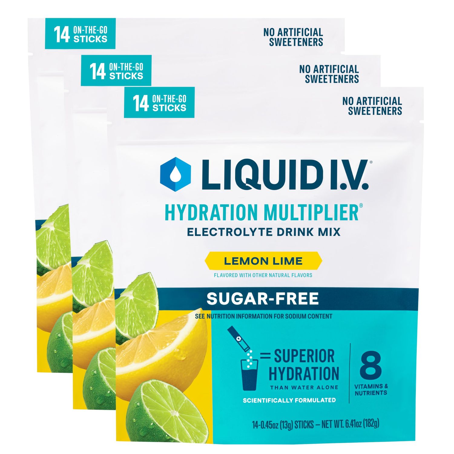 Liquid I.V. Hydration Multiplier Sugar-Free - Lemon Lime | Electrolyte Powder Drink Mix | 3 Pack (42 Servings)